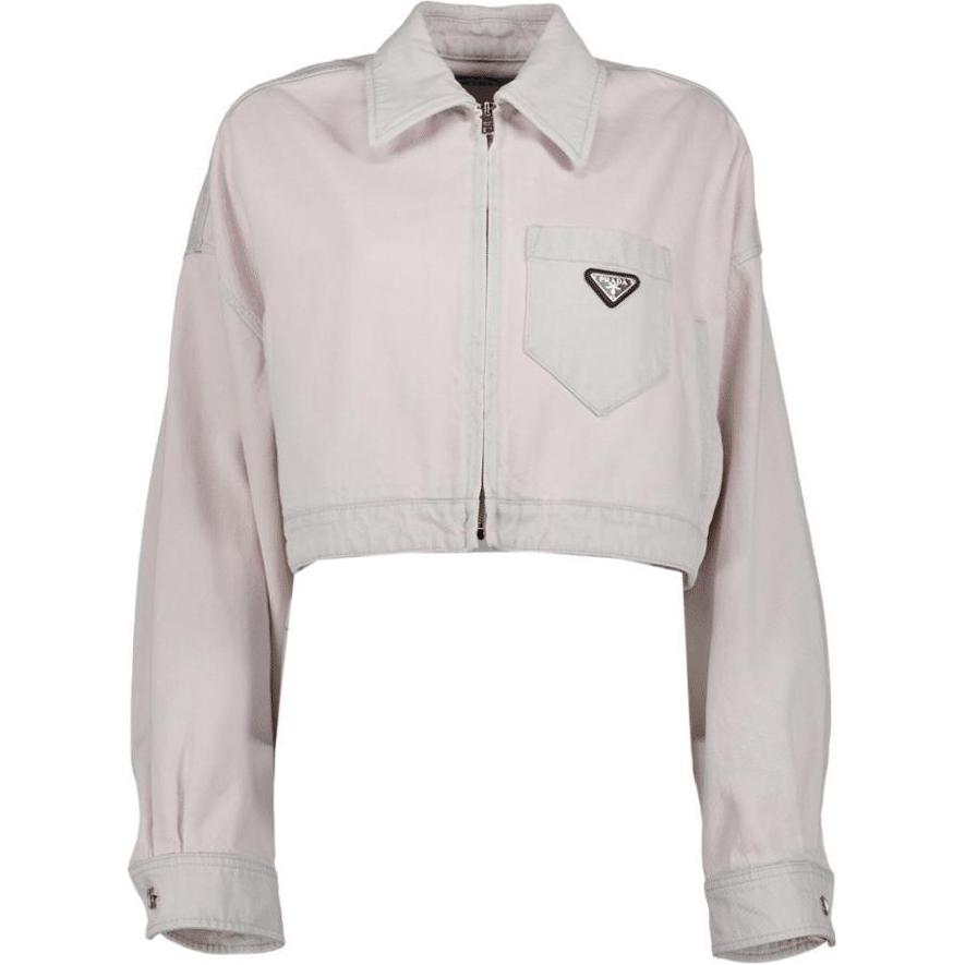 PRADA Logo Plague Cropped Denim Jacket Pink