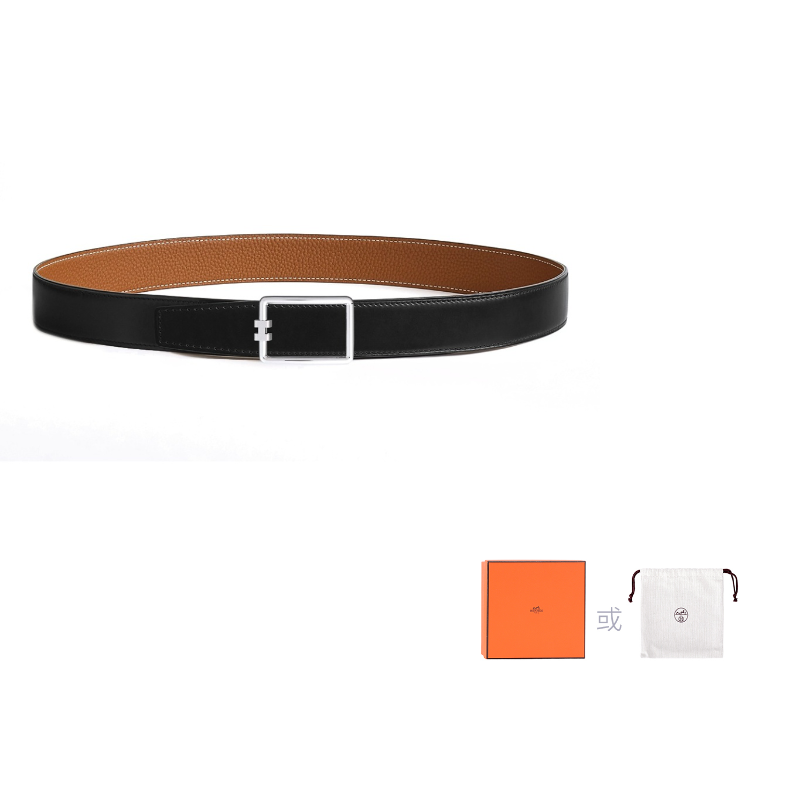 HERMES Calfskin Palladium-Plated Metal Leather Belts Unisex Black/Brown Width: 3.2cm