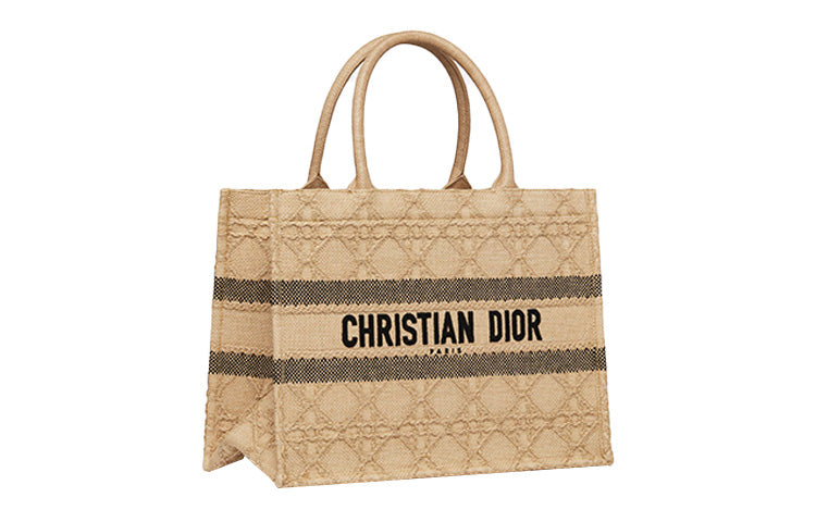 DIOR BookTote Wicker Pattern Tote Bag Shopping Bag Handbag Medium Size Women's Gold/Black