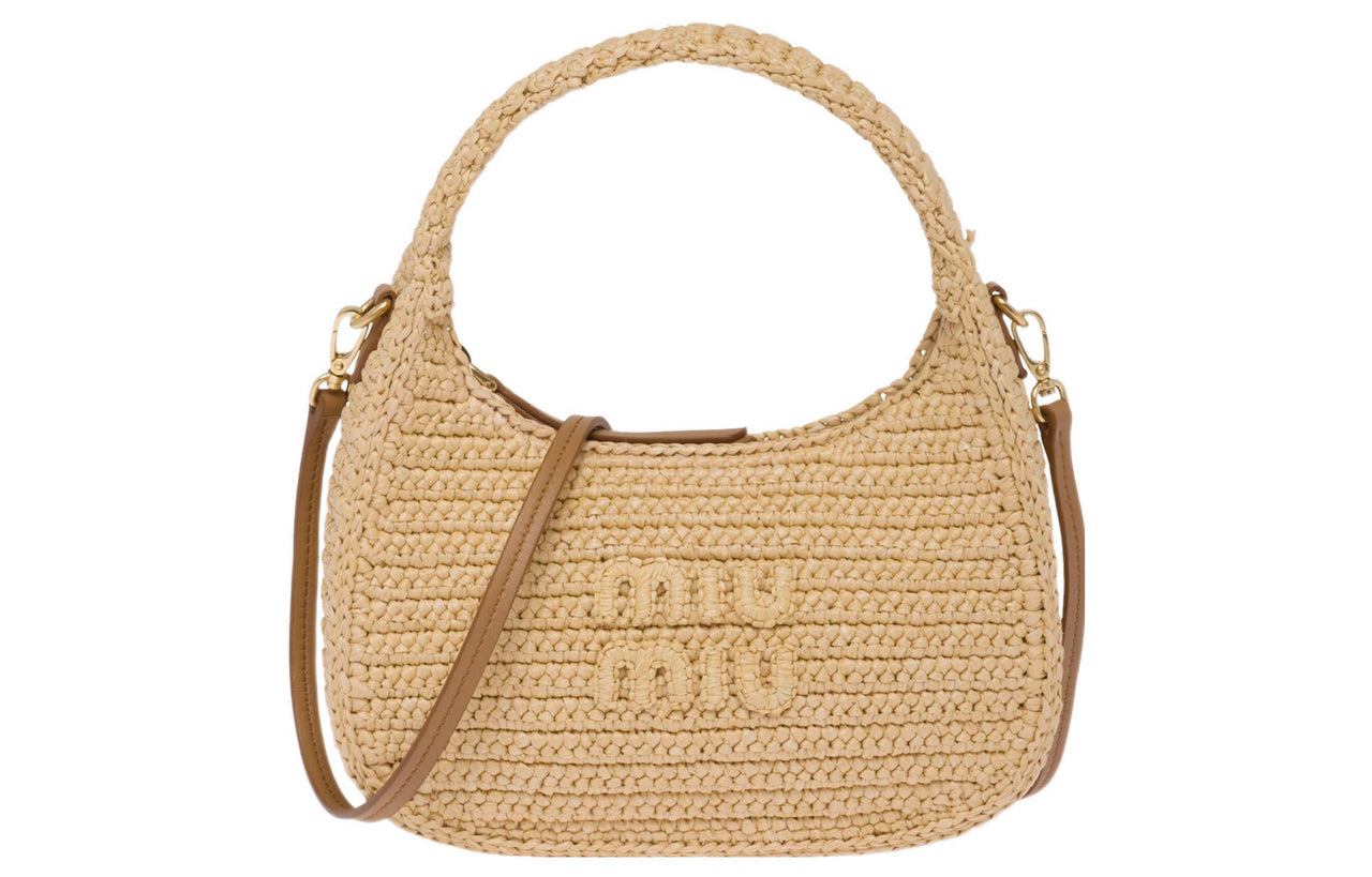 MIU MIU Wander Series Threading Needle Woven Fabric Hobo Bag, Shoulder Bag, Handbag Regular Women's Beige