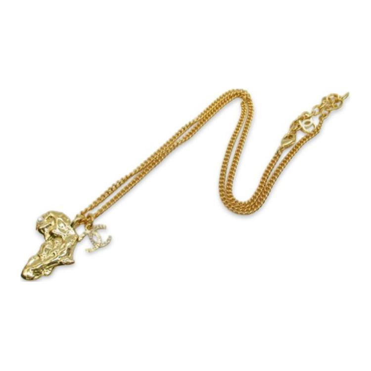 CHANEL 2023 Plated Cc Faux Pearl And Africa Pendant Costume Necklace