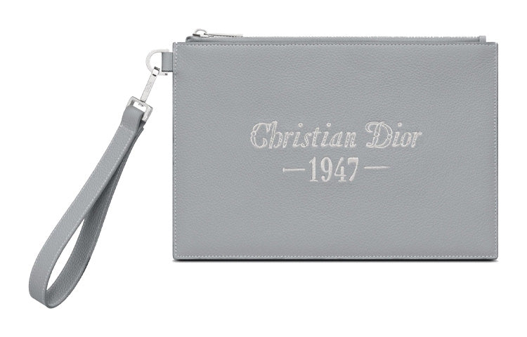 DIOR Grained Calfskin Coin Purse Money Clip Portable Storage Bag Clutch Men's Gray