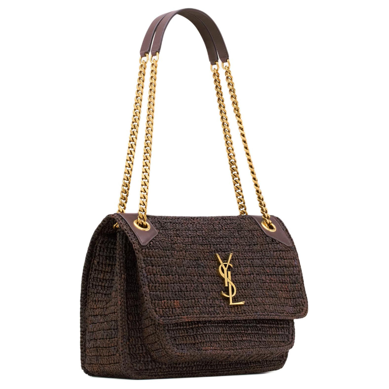 SAINT LAURENT Niki Raffia Crossbody Bag, Shoulder Bag Medium Size Women's Truffle Chocolate Brown