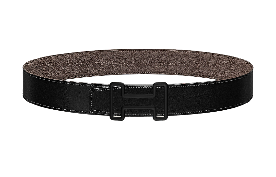 HERMES Comfortable Durable Black Smooth Buckle Double-Sided Leather Leather Belts Men's Black/Tin Gray Width: 3.8cm