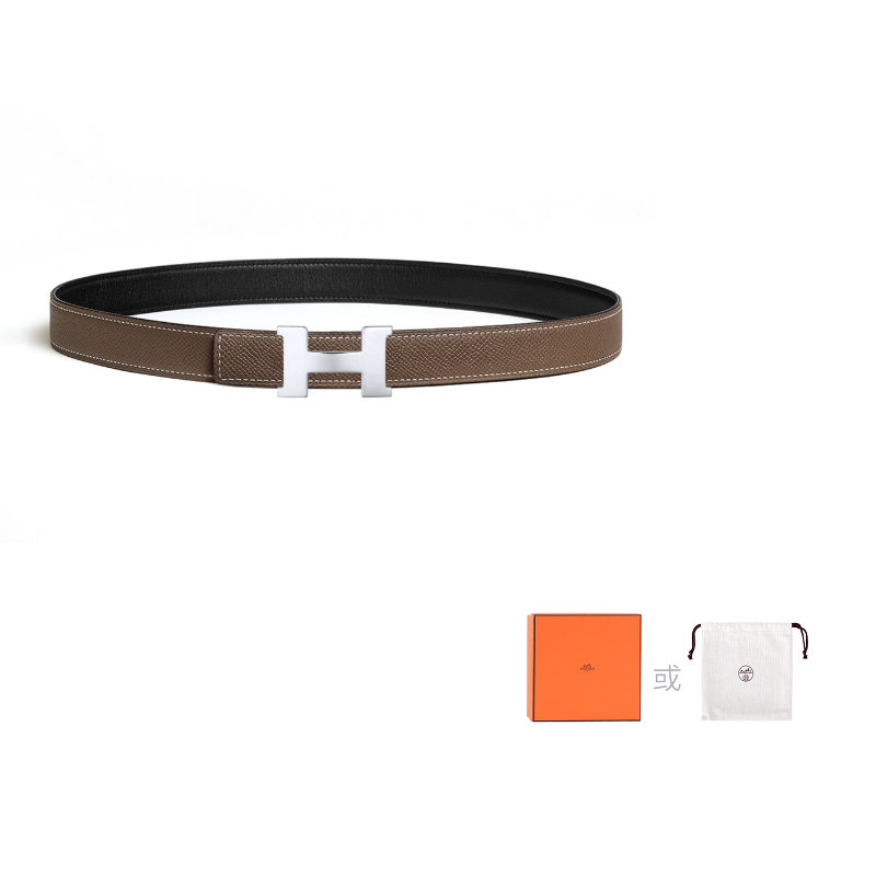 HERMES Leather Leather Belts Women's Black/Elephant Gray Width 2.4CM