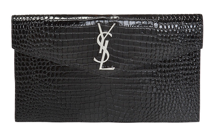 SAINT LAURENT Uptown Pouch Shiny Crocodile Look Leather Black