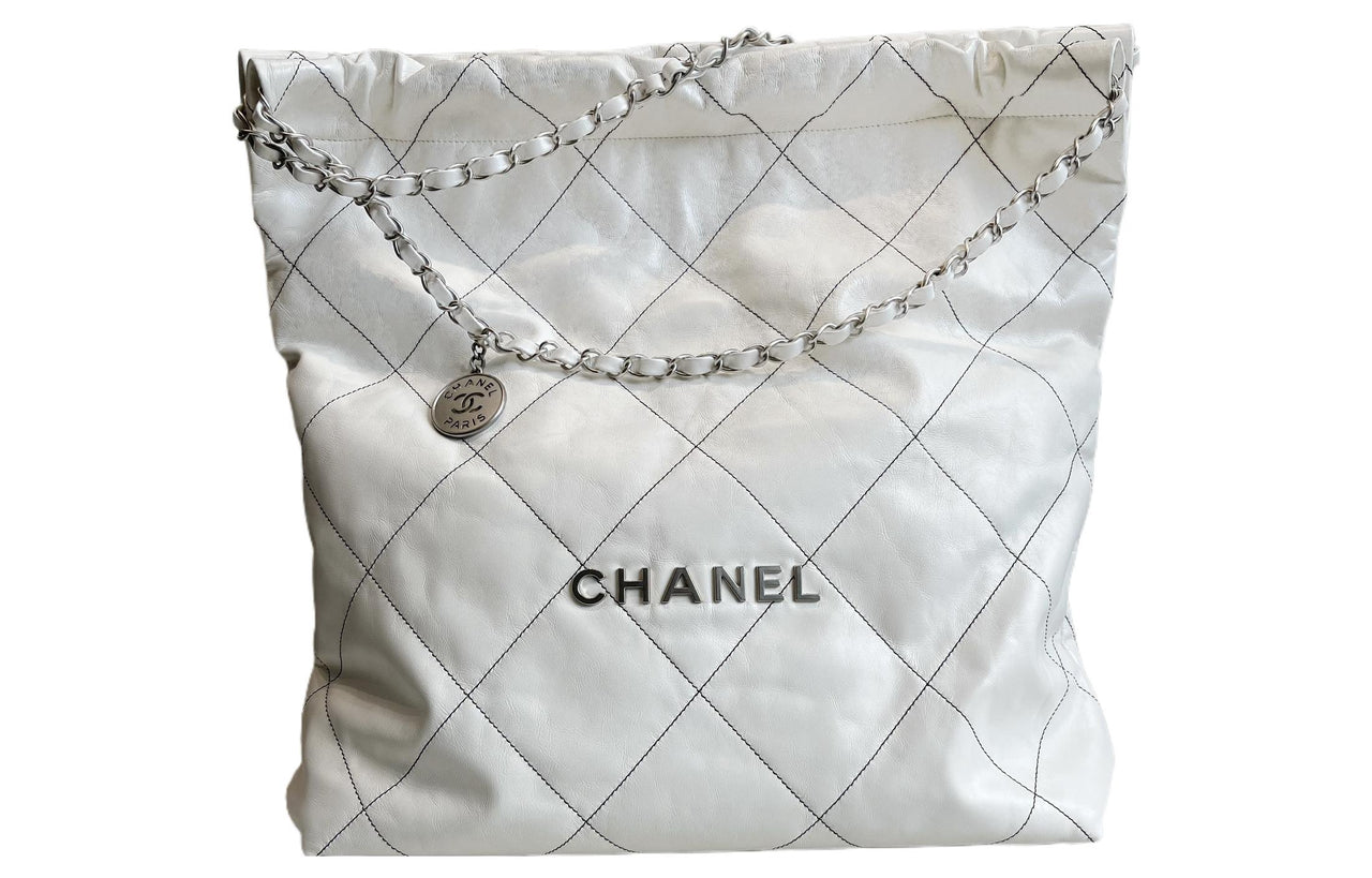 CHANEL 22Bag Smooth Finish Calfskin Tote Bag Shopping Bag Portable Crossbody Bag Shoulder Bag Large Size Women's White