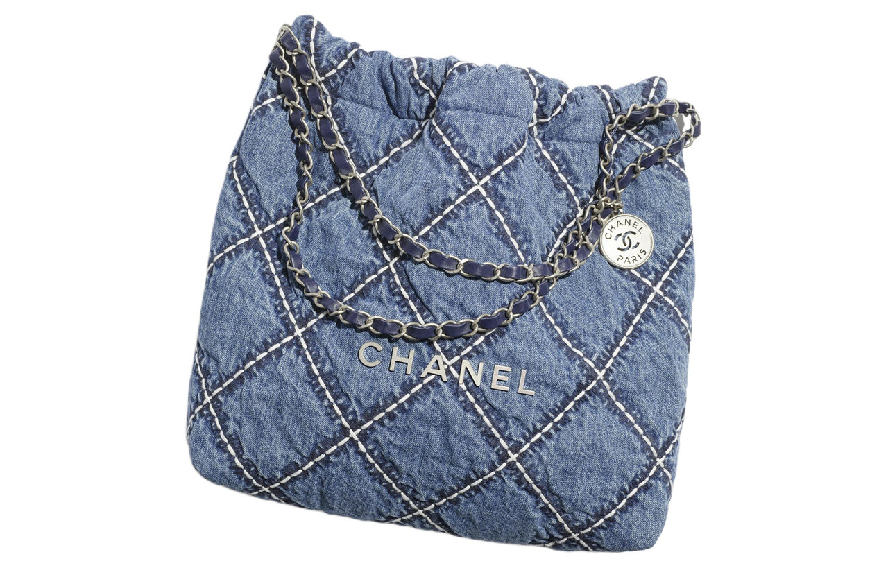 CHANEL 22Bag Denim & Metal Bucket Bag, Shoulder Bag, Crossbody Bag Small Size Women's Blue