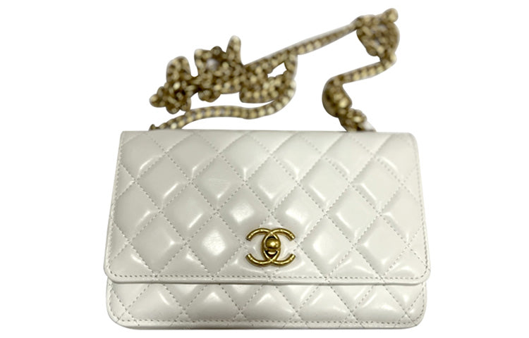 CHANEL WOC Small Gold Ball Sheepskin Wallet On Chain, Wallet Shoulder Bag, Crossbody Bag Women's White