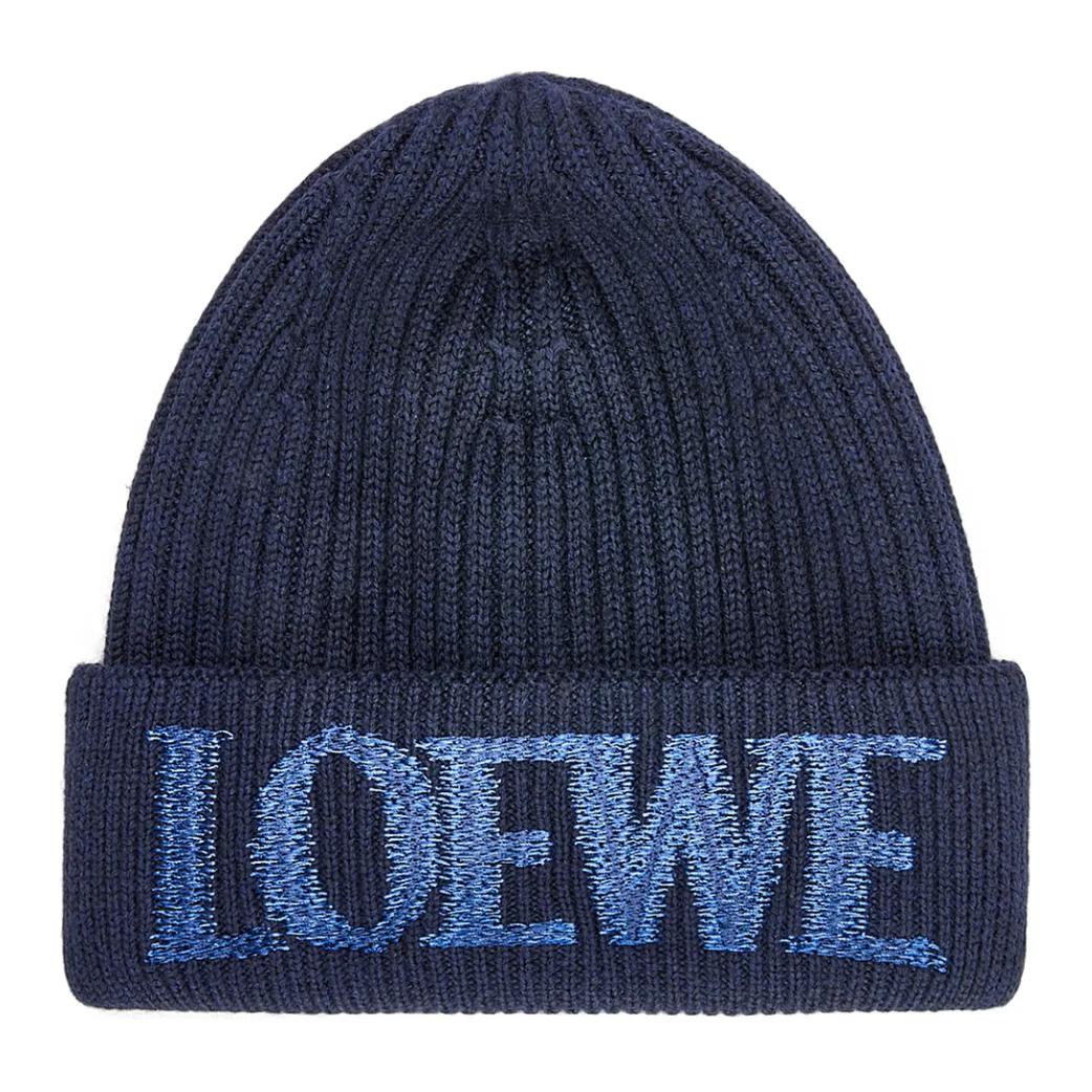LOEWE Wool Knitted Fabric Beanies Women's Marine Blue