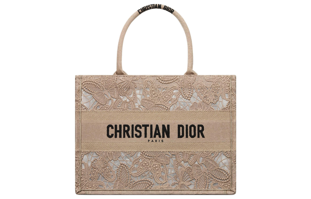 DIOR BookTote Embroidery Tote Bag Shopping Bag Handbag Medium Size Women's Greige