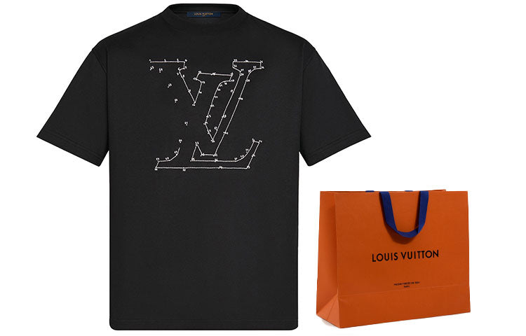 LOUIS VUITTON Printing Embroidered Short Sleeve Black Men's