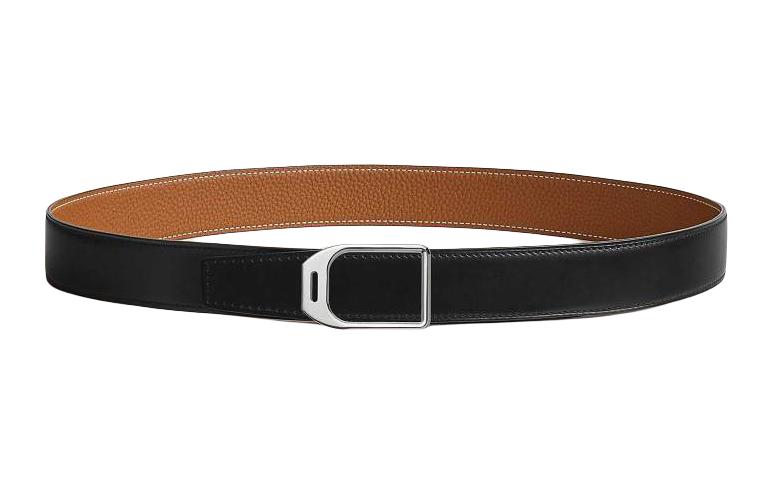 HERMES Double Sided Leather Design, Smooth Buckle Leather Belts Men's Black Width  3.2cm