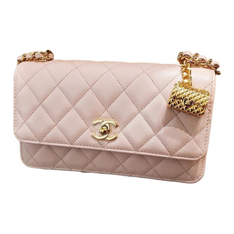 CHANEL WOC Litchi Grain Cow Leather Chain Bag, Wallet, Clutch, Shoulder Bag, Crossbody Bag Large Size Women's Pink