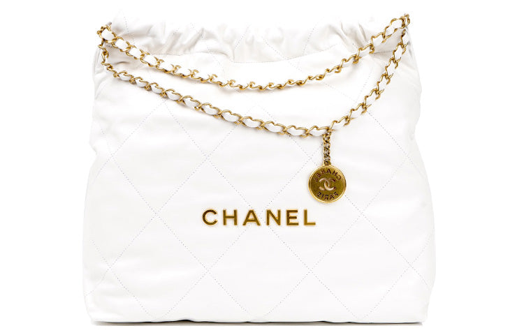 CHANEL Smooth Finish Calfskin Handbag Tote Bag Shopping Bag Crossbody Bag Medium Size Women's White