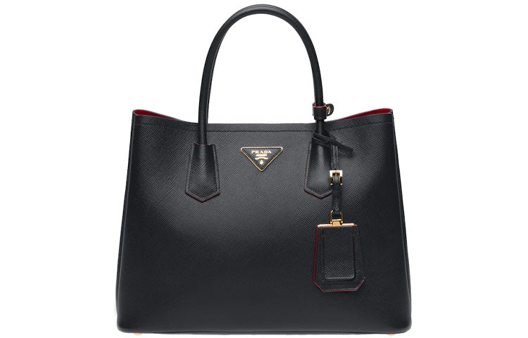 PRADA Double Leather Handbag Medium Size Women's Black