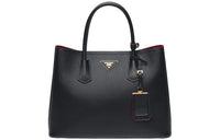 PRADA Double Leather Handbag Medium Size Women's Black