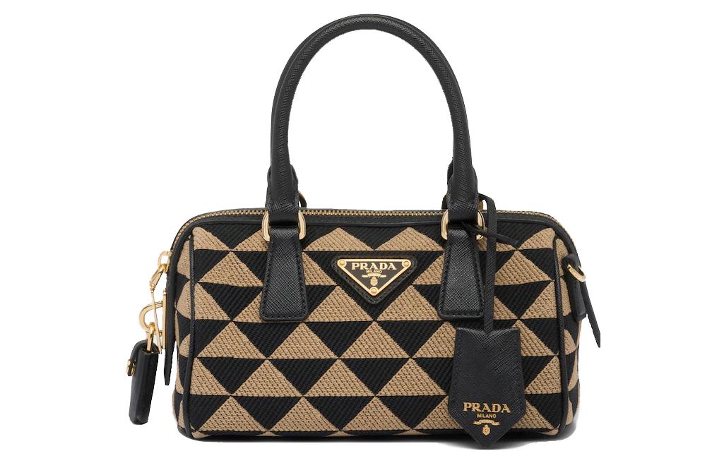 PRADA Embroidered Fabric Crossbody One Shoulder Handbags Regular Women's Black/Beige Yellow