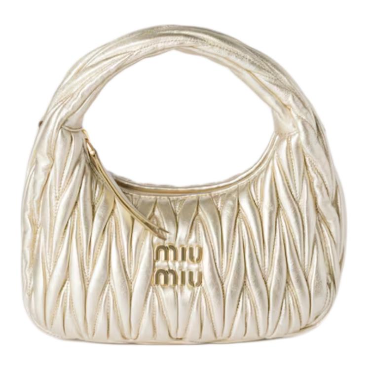 MIU MIU Small Wander Matelassé Nappa Leather Hobo Bag Women's Pyrite/White