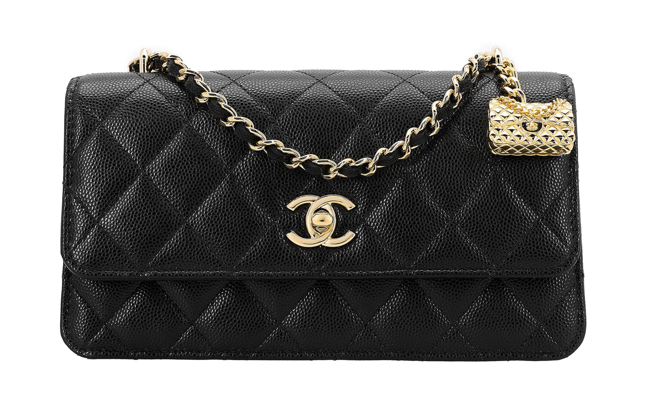 CHANEL WOC Litchi Grain Cow Leather Clutch Chain Bag Coin Purse Wallet Large Size Women's Black
