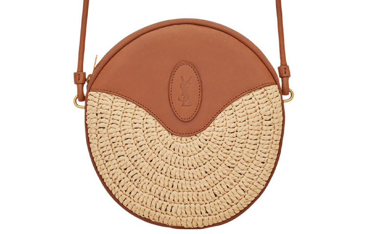 SAINT LAURENT Raffia Mixed Leather Crossbody Bag Shoulder Bag Women's Natural/Brown