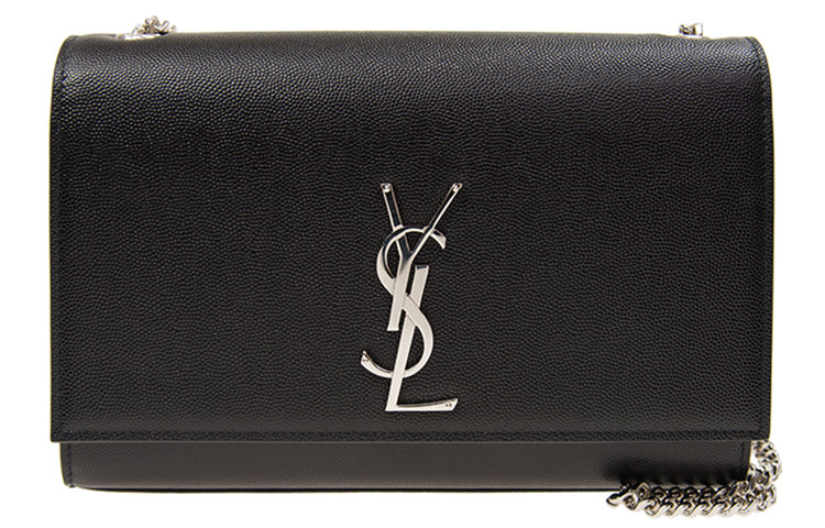SAINT LAURENT Kate Medium Chain Bag In Grain De Poudre Silver tone Black
