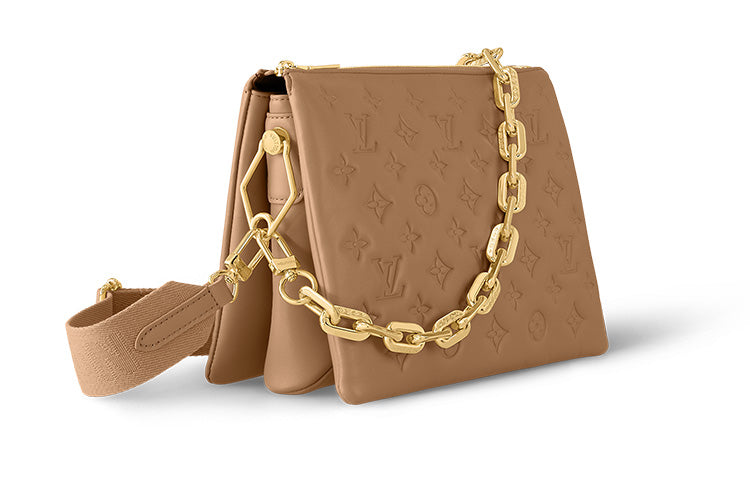 LOUIS VUITTON Coussin Sheepskin Cow Leather Patchwork Trim Shoulder Bag Crossbody Bag Small Size Women's Brown