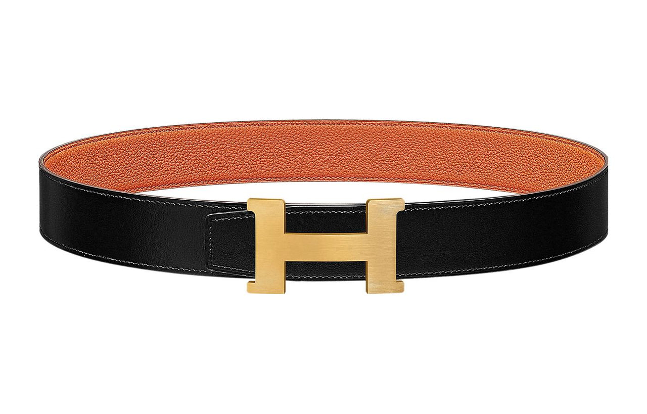 HERMES Calfskin Double-Sided Leather Leather Belts Men's Black/Orange Width: 3.8cm