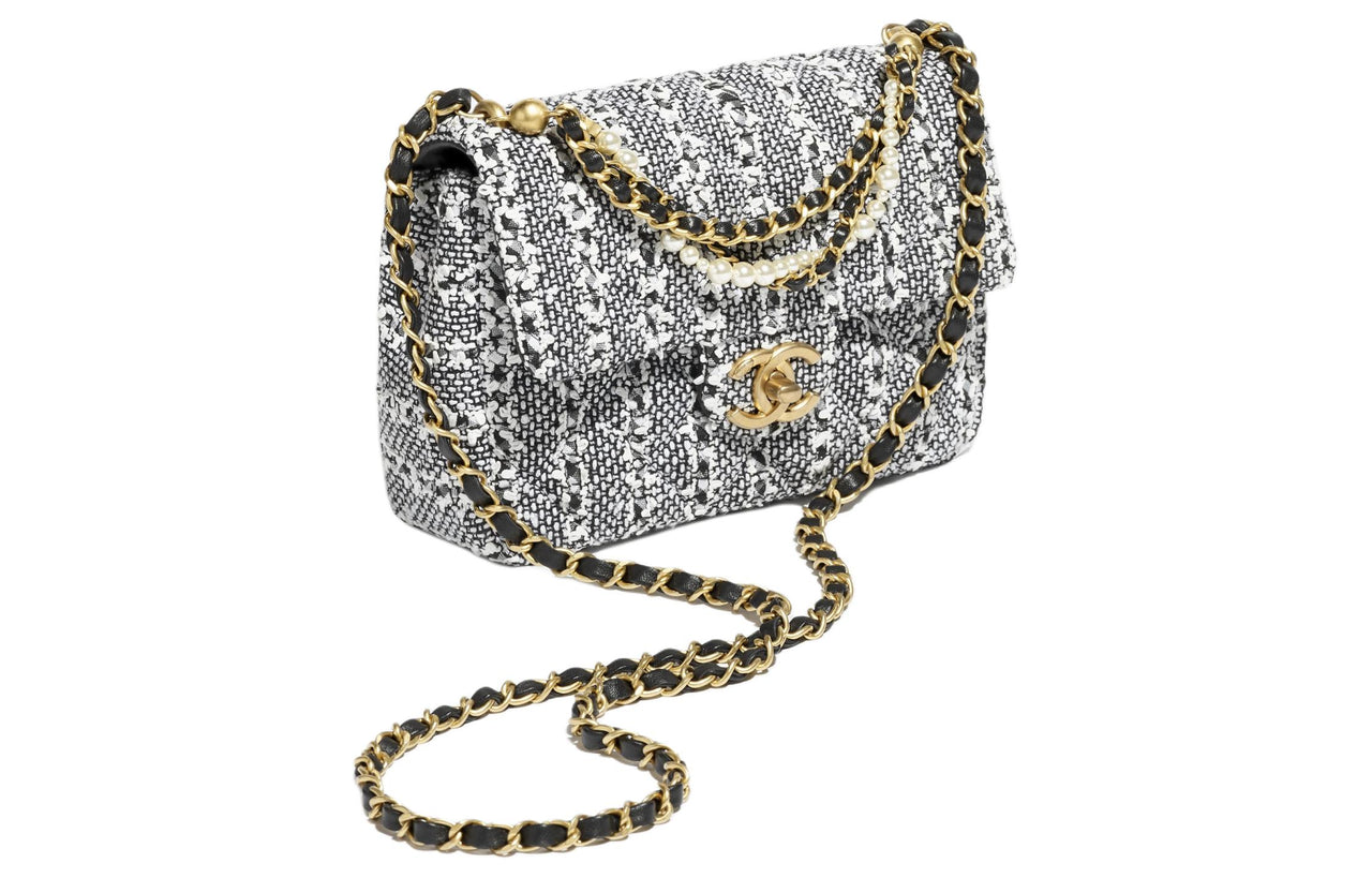 CHANEL Twill Velvet Artificial Pearl Mouth Cover Bag Crossbody Bag Mini Women's White & Black & Silver