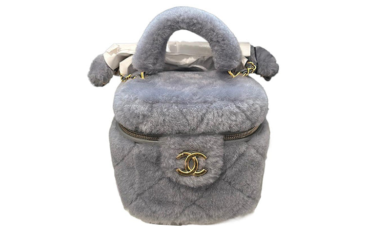 CHANEL Wool Plush Bag Makeup Bag Handbag Women's Gray
