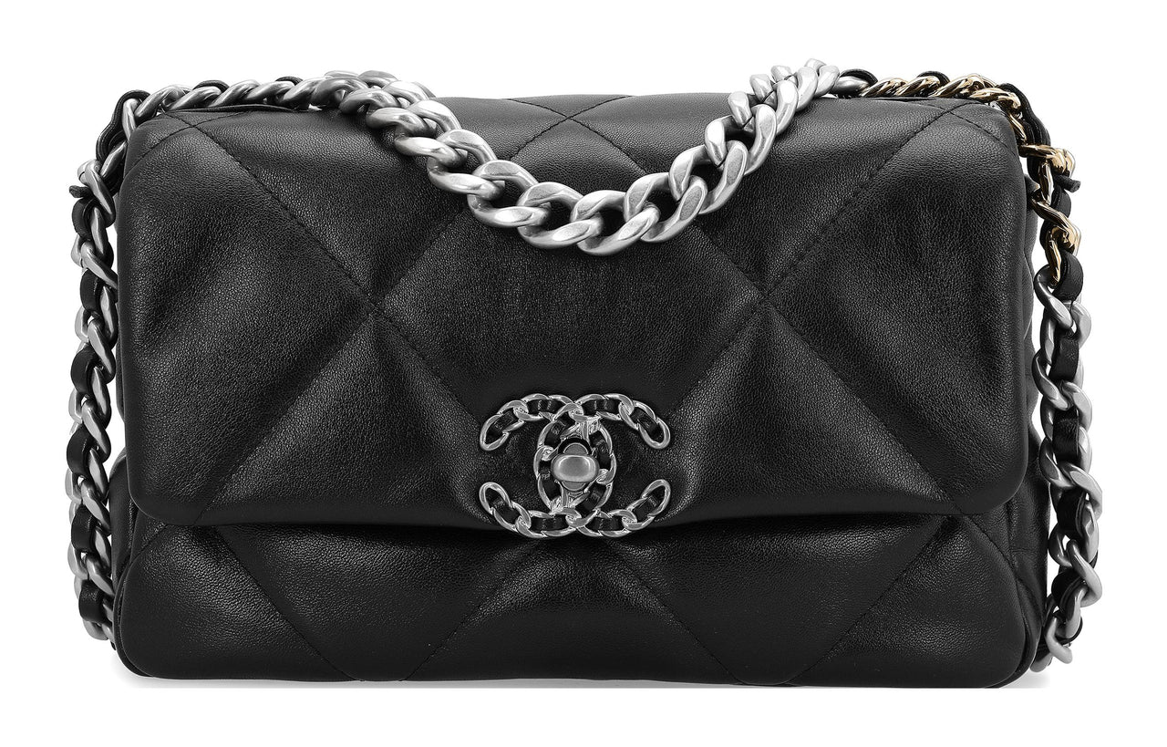 CHANEL 19Bag Sheepskin Mouth Cover Bag Crossbody Bag Small Size Women's Black Silver