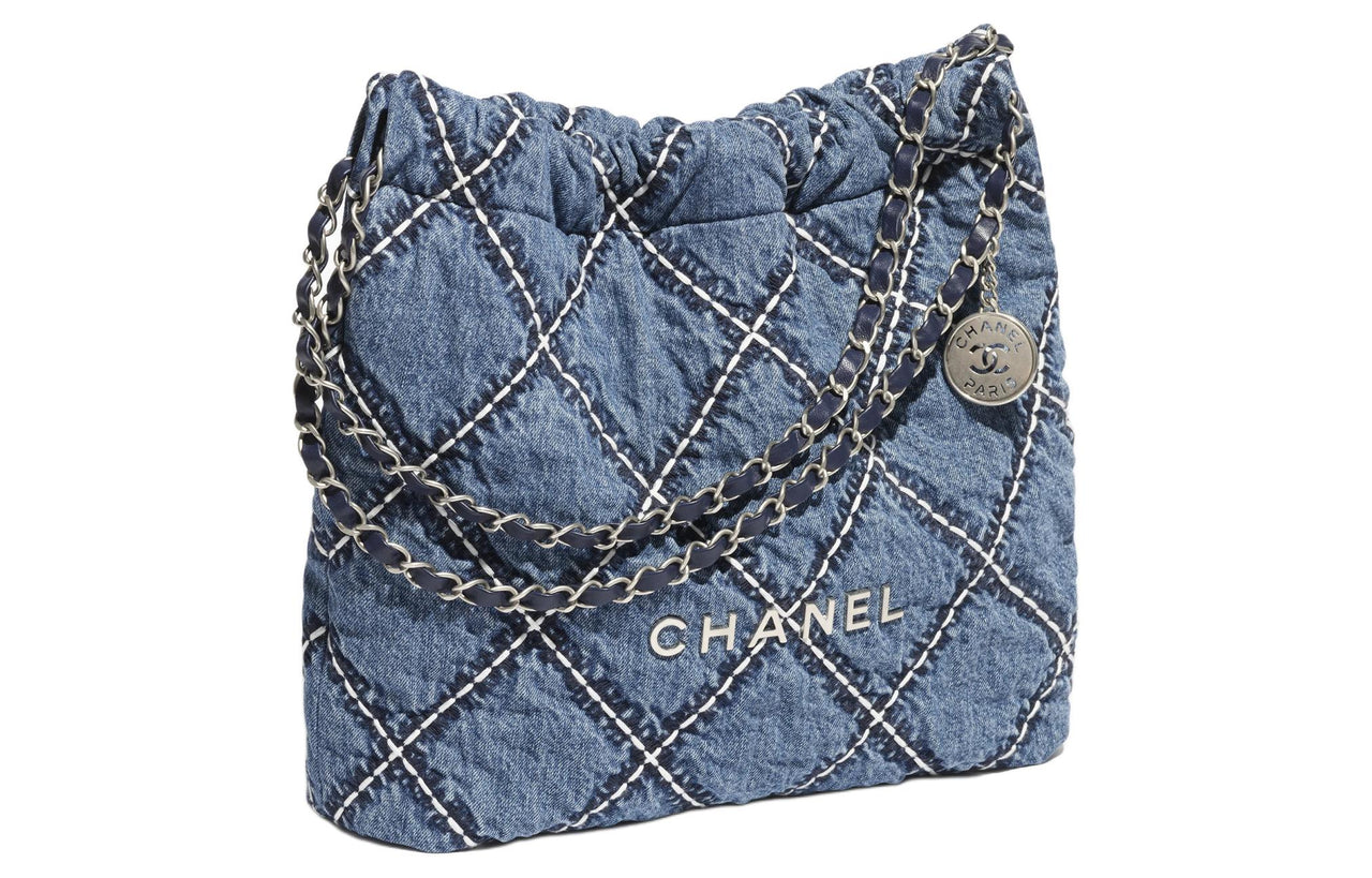 CHANEL 22Bag Denim & Metal Bucket Bag, Shoulder Bag, Crossbody Bag Small Size Women's Blue