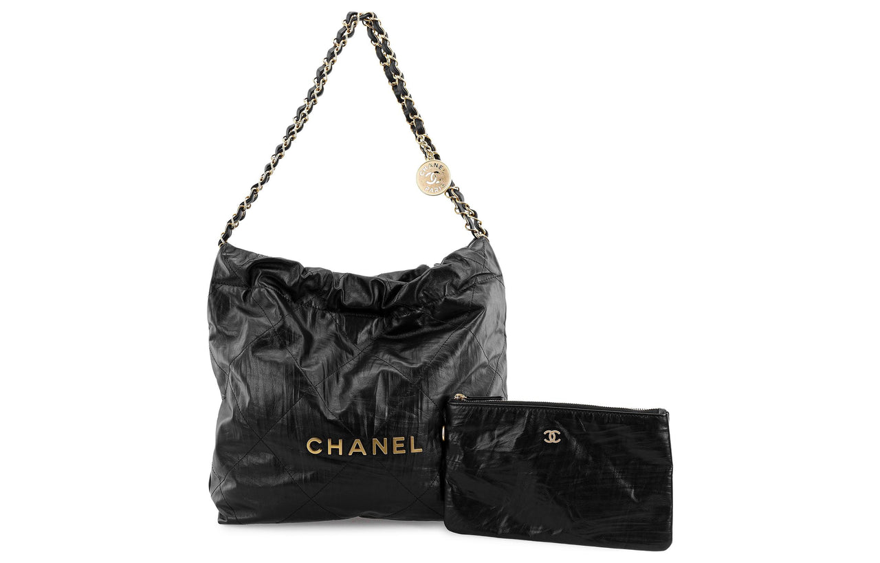 CHANEL 22Bag Pleated Cow Leather Bucket Bag Handbag Shoulder Bag Women's Black