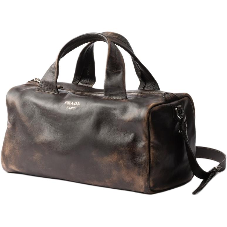 PRADA Lambskin Travel Bag Men's Dark Brown
