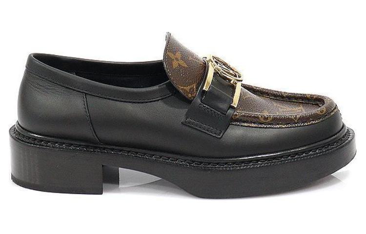 LOUIS VUITTON Academy Loafers 'Black With Brown Monogram And Gold Plate' Women's