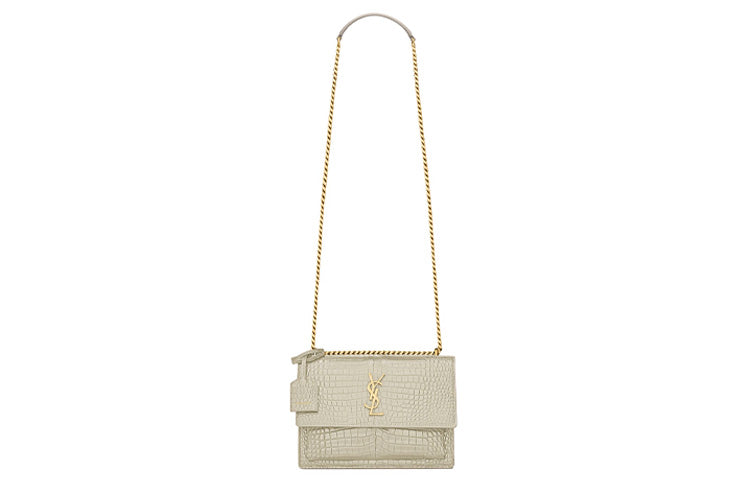 SAINT LAURENT SUNSET Crocodile Embossed Bright Leather Sunset Bag, Crossbody Bag, Shoulder Bag Women's Vintage White