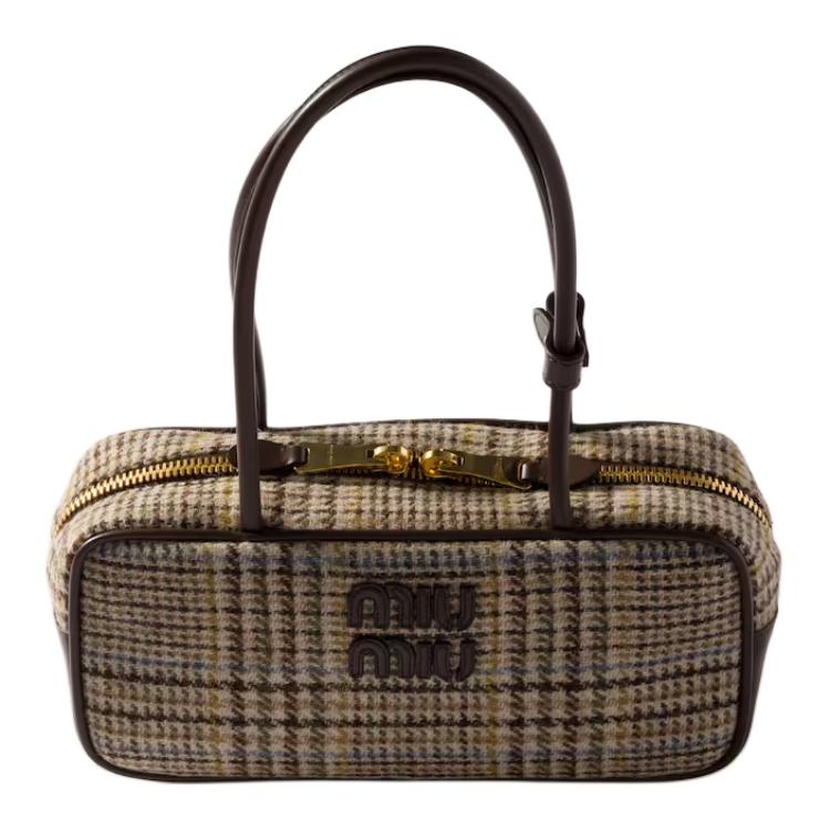 MIU MIU Plaid Patch Leather Handbag Women's Cocoa Brown