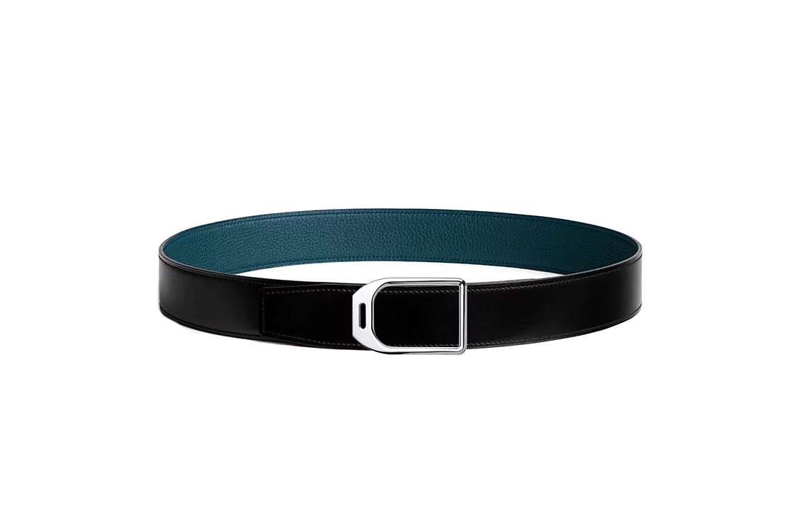 HERMES Horse Riding Instructor Stirrup Styling Smooth Buckle Leather Belts Men's Black/Blue Width: 3.8CM