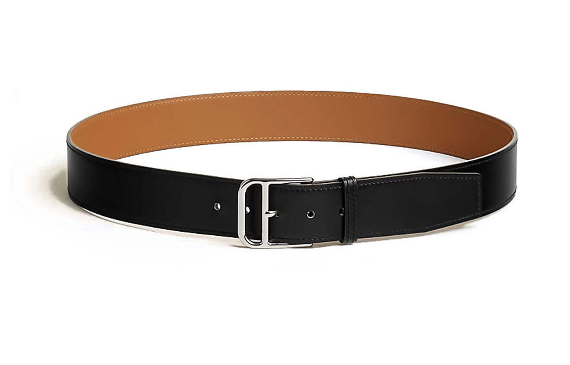 HERMES Calfskin Leather Belts Men's Black Width 3.5CM