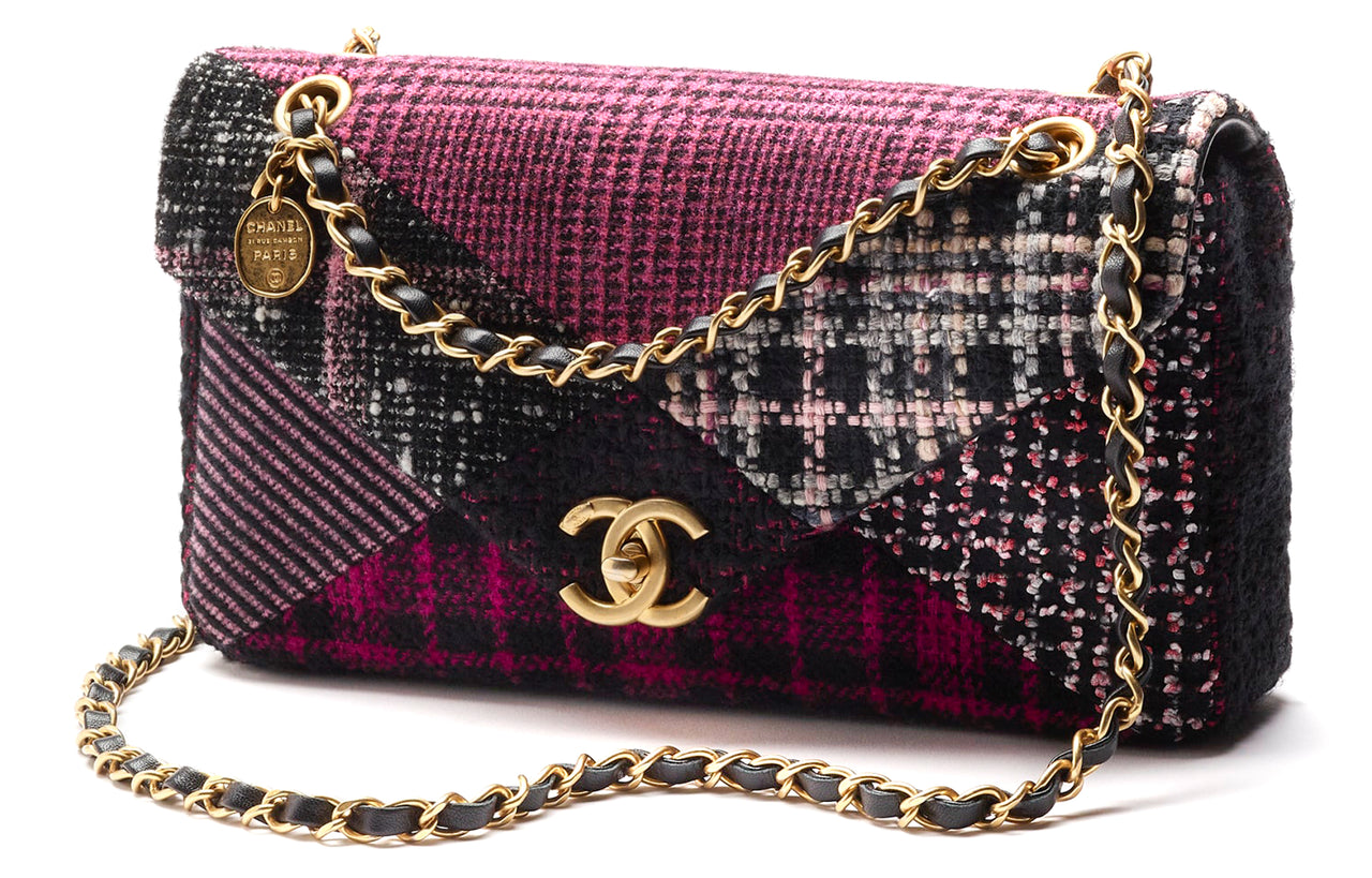 CHANEL Twill Soft Woolen Patchwork Fabric & Gold Metal Flap Bag, Shoulder Bag, Crossbody Bag Women's Black/Pink/White