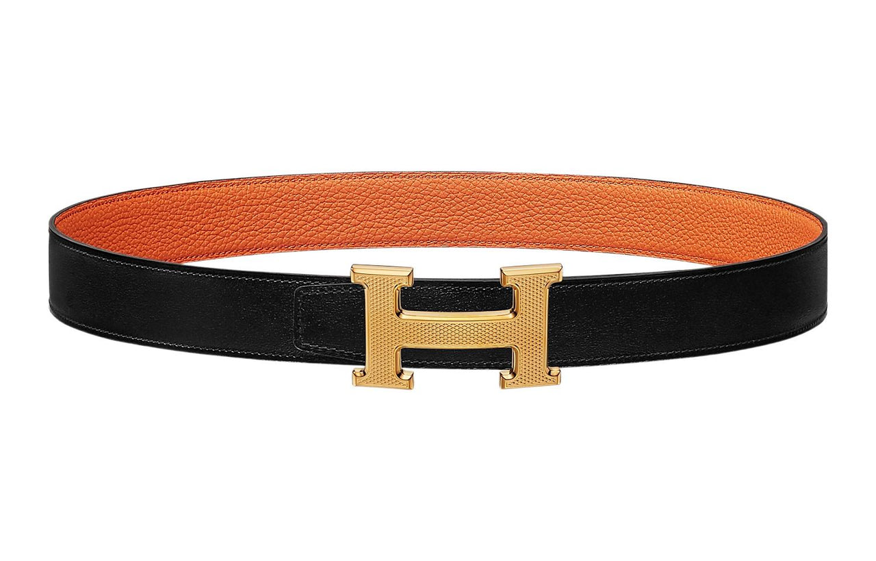 HERMES H Embossed Leather Light Gold Buckle Togo Calfskin Double-Sided Leather Belt Women's Black Width: 3.2cm
