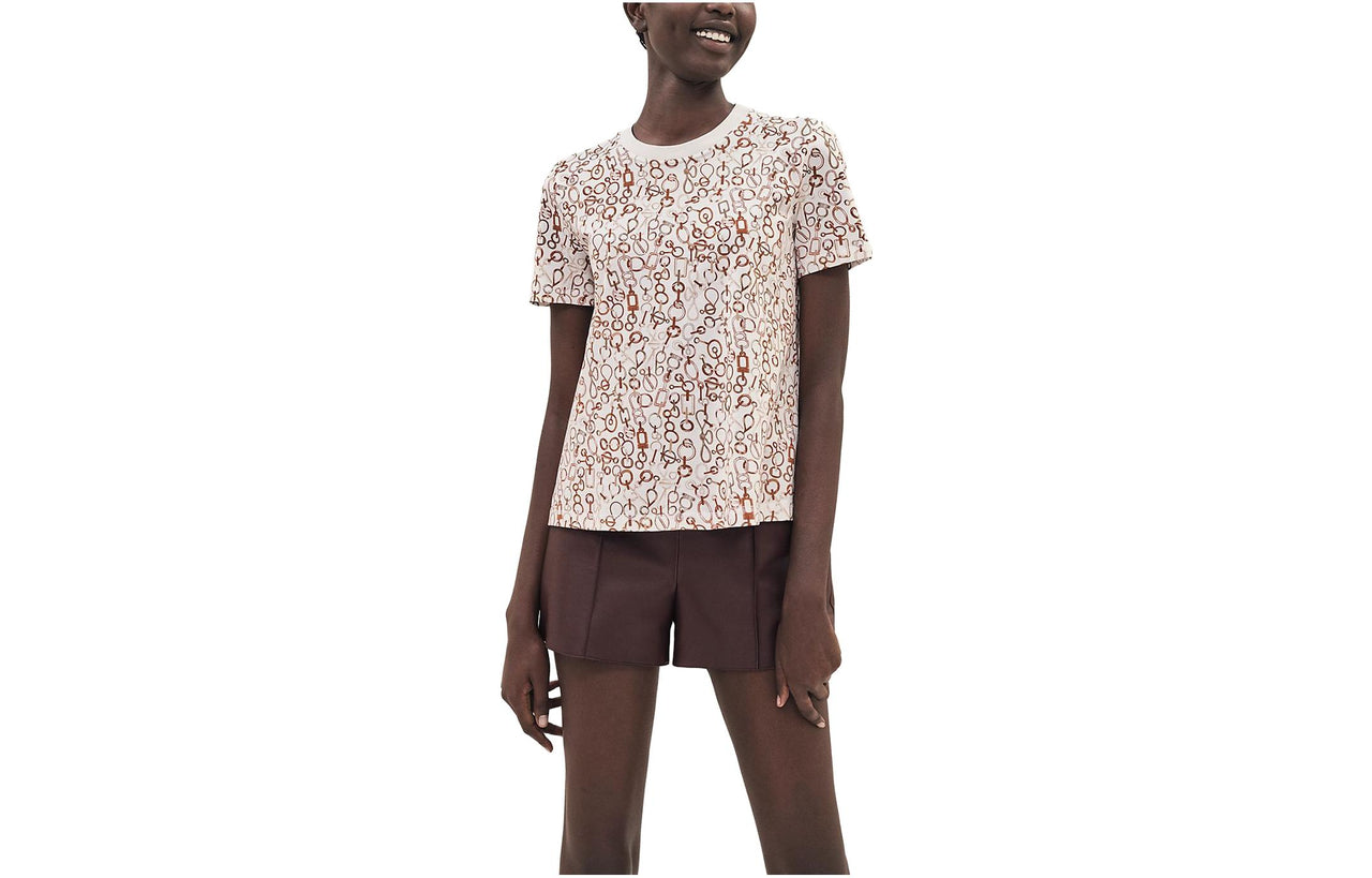HERMES Pattern All Over Print Crew Neck Short-Sleeved T-Shirt T-Shirt Women's Pearl White