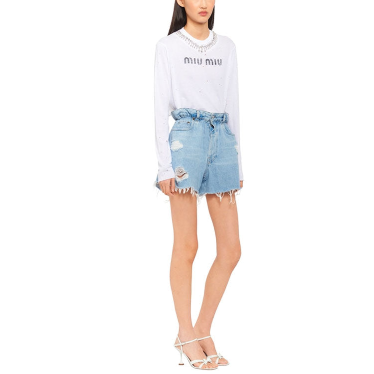 MIU MIU Logo Printed Distressed Shorts