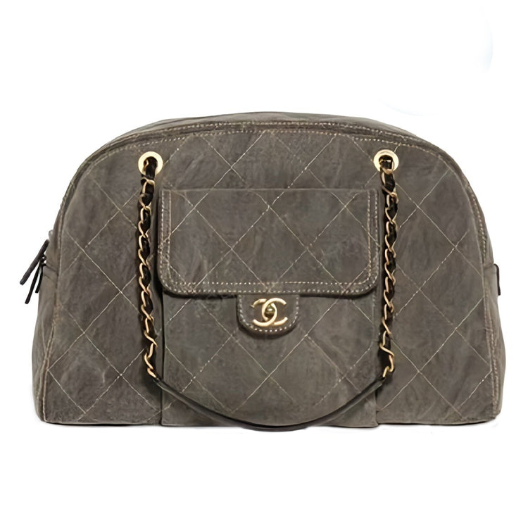 CHANEL Washed Denim With Gold Metal Accents Bowling Bag Handbag Women's Taupe