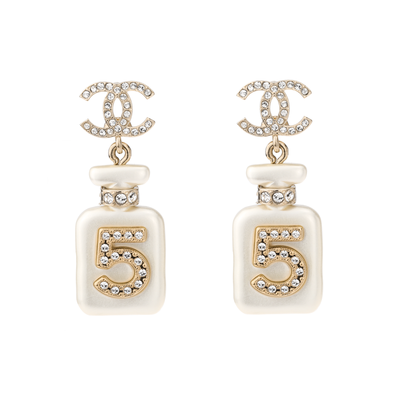 CHANEL 2022 Gold Plated And Pearl Resin Crystal Cc No 5 Perfume Bottle Drop Earrings Costume Earrings
