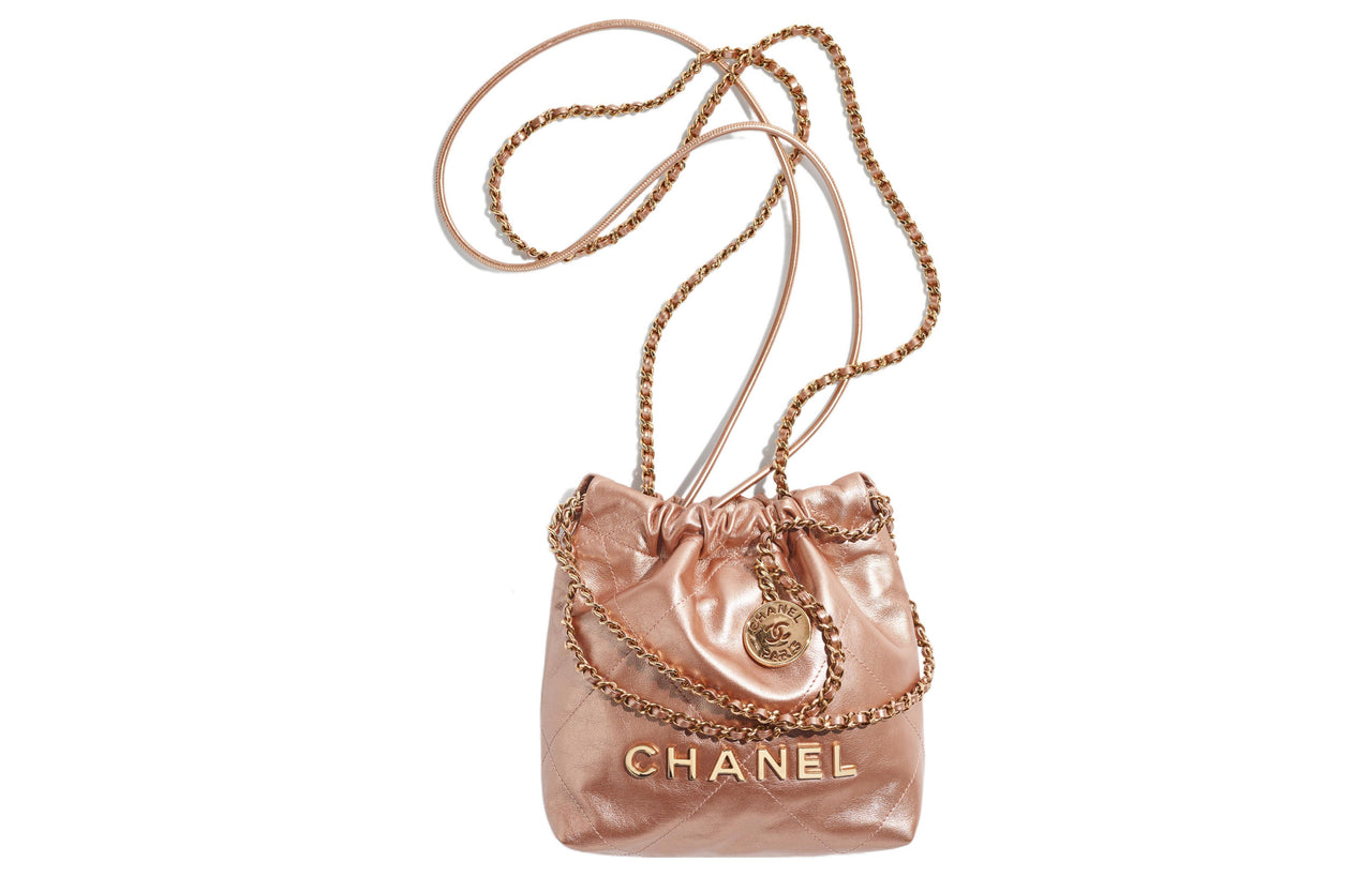 CHANEL 22Bag Metallic Calfskin Bucket Bag, Handbag, Shoulder Bag, Crossbody Bag Mini Women's Copper Pink