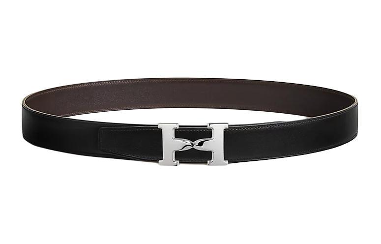 HERMES Palladium Plated Metal Leather Belts Men's Black Width 3.2cm
