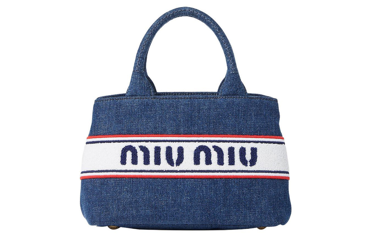 MIU MIU Cotton Denim Tote Bag Shopping Bag Shoulder Bag Crossbody Bag Handbag Regular Women's Blue