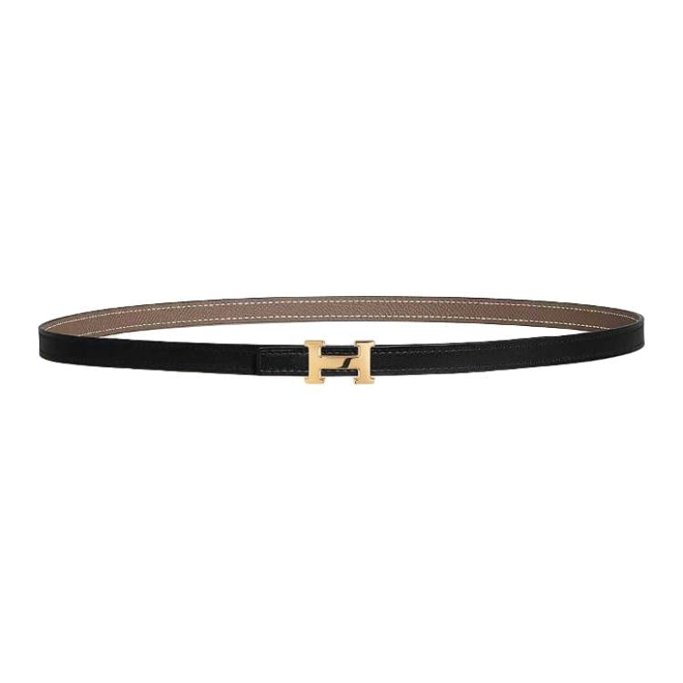 HERMES Leather, Metal, Calfskin, Gold Plated Leather Belts Women's Black/Brown Width 1.3cm