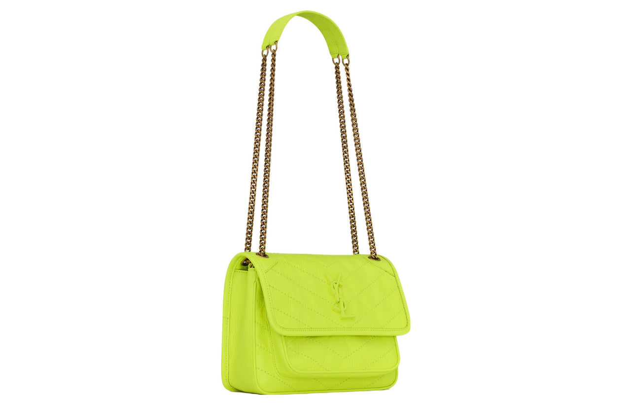 SAINT LAURENT Niki Sheepskin Portable Crossbody Bag, Shoulder Bag Women's Neon Yellow